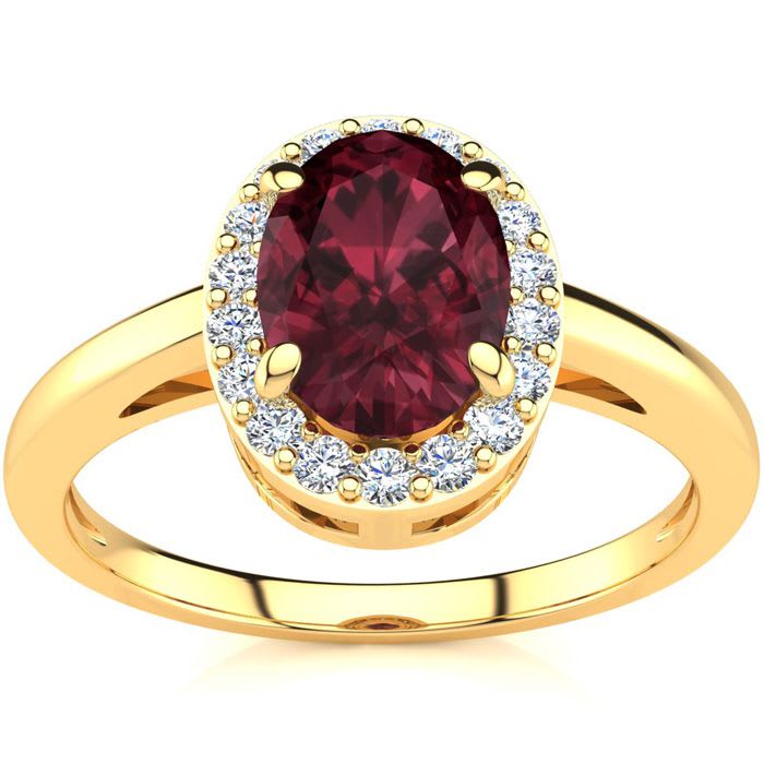 Garnet Ring: Garnet Jewelry: 1 Carat Oval Shape Garnet and Halo Diamond Ring In 14K Yellow Gold