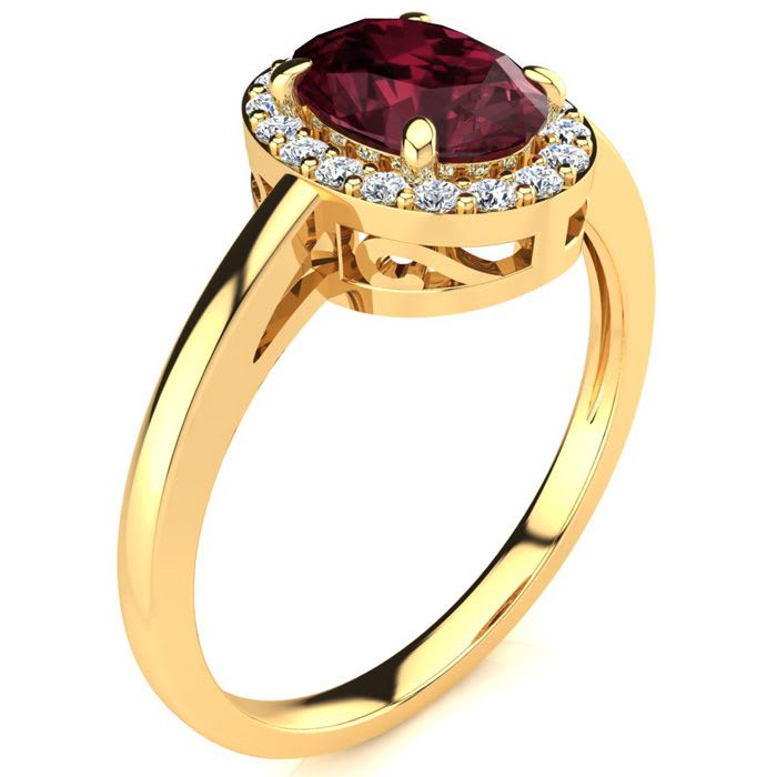 Garnet Ring: Garnet Jewelry: 1 Carat Oval Shape Garnet and Halo Diamond Ring In 14K Yellow Gold