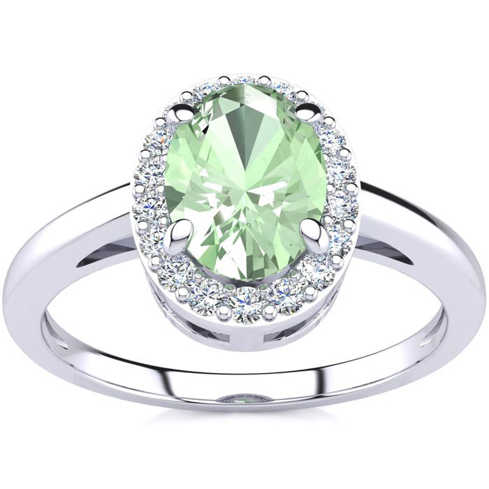 3/4 Carat Oval Shape Green Amethyst and Halo Diamond Ring In 14K White Gold