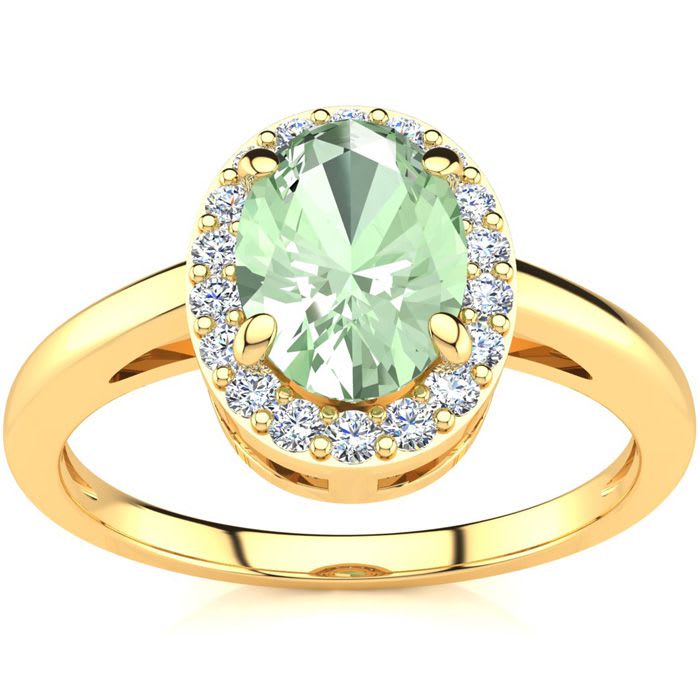 3/4 Carat Oval Shape Green Amethyst and Halo Diamond Ring In 14K Yellow Gold