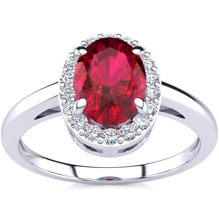1 Carat Oval Shape Ruby and Halo Diamond Ring In 14K White Gold