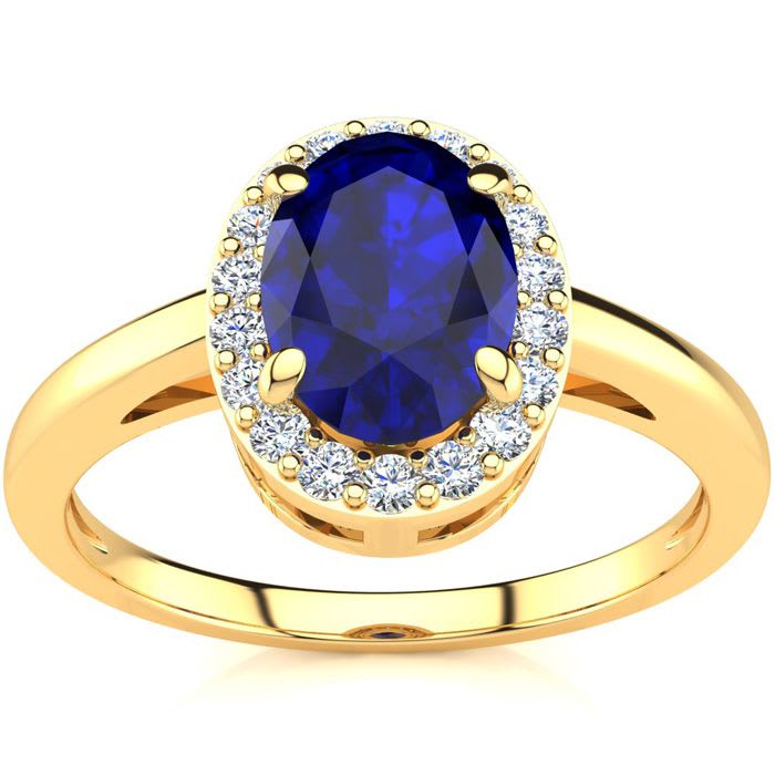 1 Carat Oval Shape Sapphire and Halo Diamond Ring In 14K Yellow Gold
