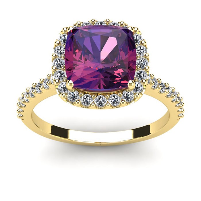 2 1/2 Carat Cushion Cut Amethyst and Halo Diamond Ring In 14K Yellow Gold