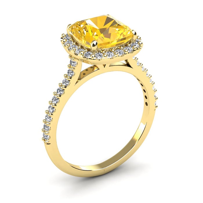 2 1/2 Carat Cushion Cut Citrine and Halo Diamond Ring In 14K Yellow Gold