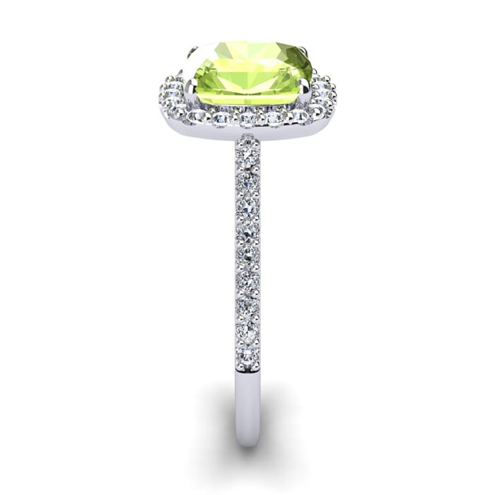 3 Carat Cushion Cut Peridot and Halo Diamond Ring In 14K White Gold