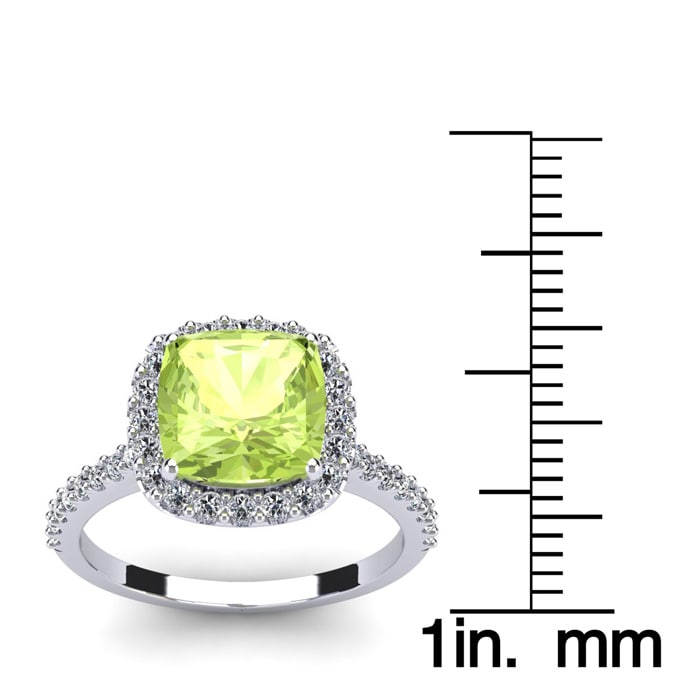 3 Carat Cushion Cut Peridot and Halo Diamond Ring In 14K White Gold