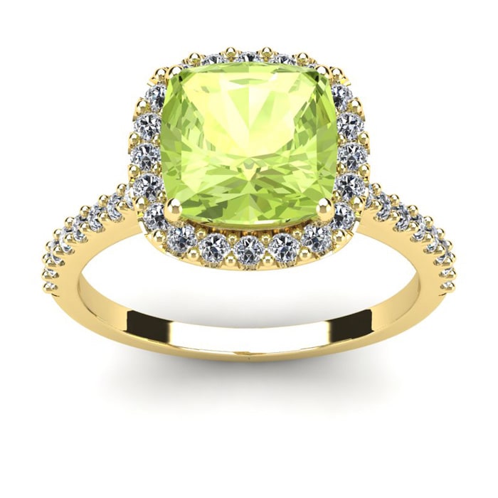 3 Carat Cushion Cut Peridot and Halo Diamond Ring In 14K Yellow Gold