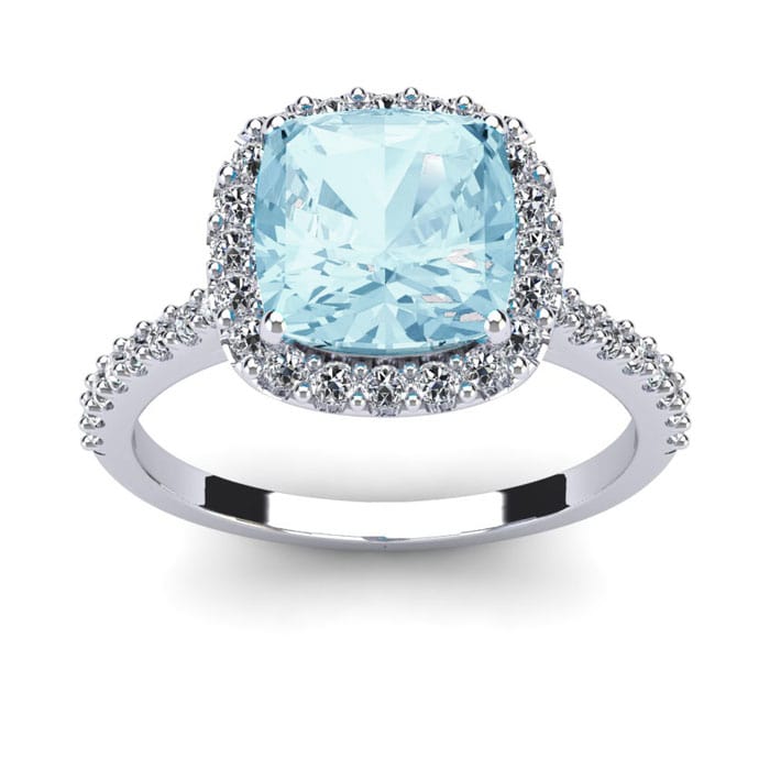 Aquamarine Ring: Aquamarine Jewelry: 2 1/2 Carat Cushion Cut Aquamarine and Halo Diamond Ring In 14K White Gold