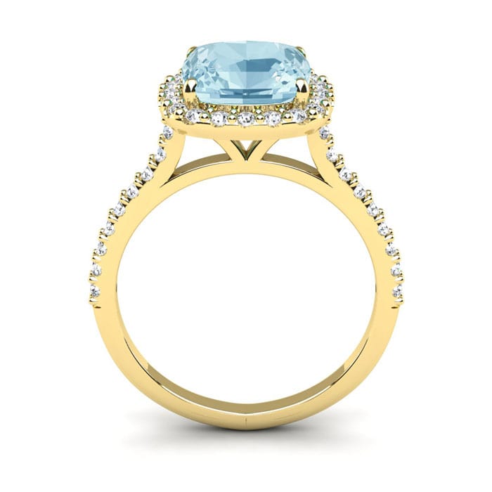 Aquamarine Ring: Aquamarine Jewelry: 2 1/2 Carat Cushion Cut Aquamarine and Halo Diamond Ring In 14K Yellow Gold