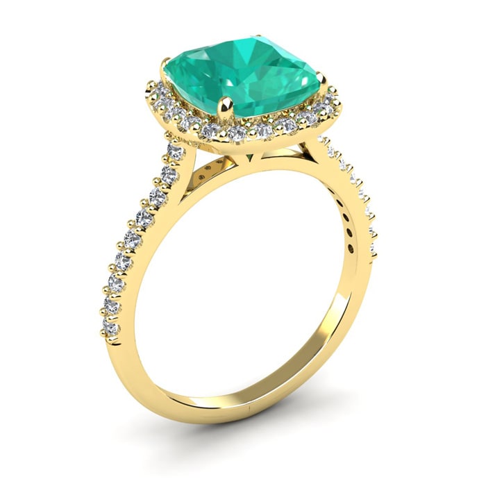 2 1/2 Carat Cushion Cut Emerald and Halo Diamond Ring In 14K Yellow Gold