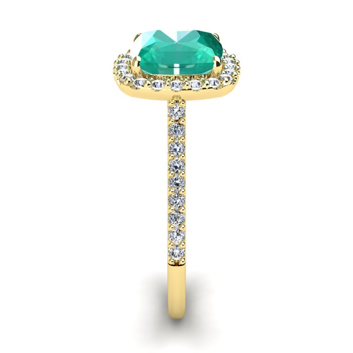 2 1/2 Carat Cushion Cut Emerald and Halo Diamond Ring In 14K Yellow Gold