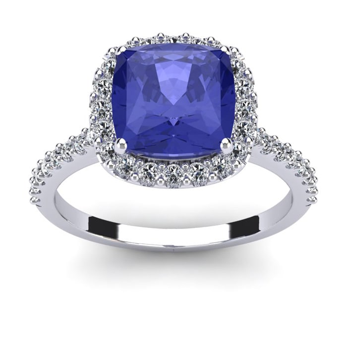 3 Carat Cushion Cut Tanzanite and Halo Diamond Ring In 14K White Gold

