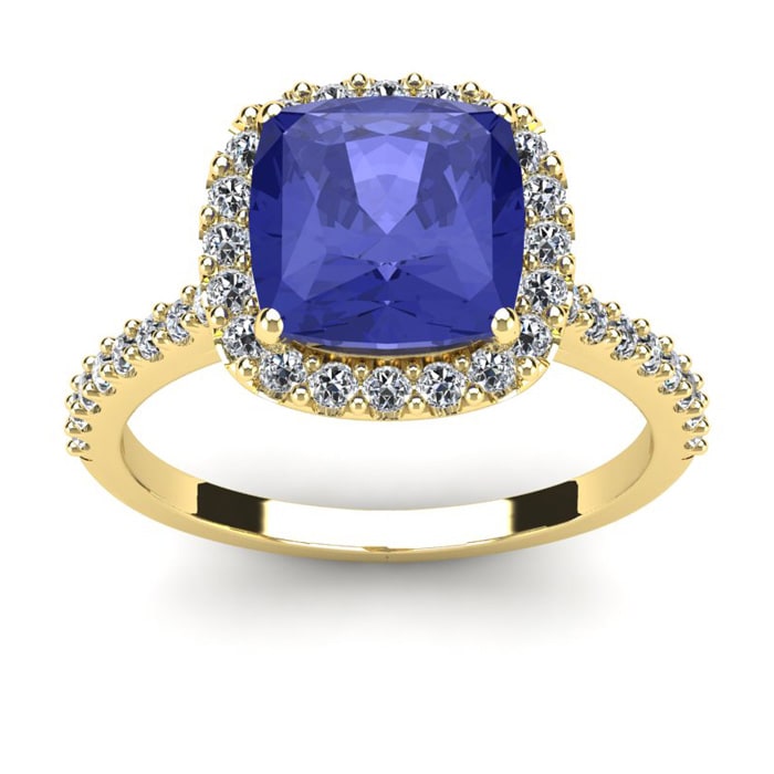 3 Carat Cushion Cut Tanzanite and Halo Diamond Ring In 14K Yellow Gold
