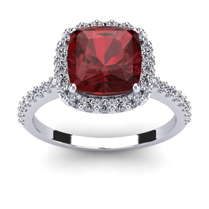Garnet Ring: Garnet Jewelry: 3 3/4 Carat Cushion Cut Garnet and Halo Diamond Ring In 14K White Gold
