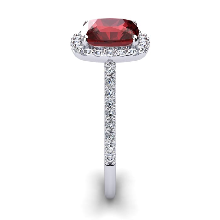 Garnet Ring: Garnet Jewelry: 3 3/4 Carat Cushion Cut Garnet and Halo Diamond Ring In 14K White Gold

