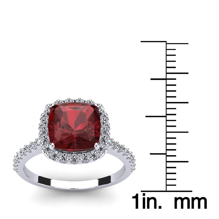 Garnet Ring: Garnet Jewelry: 3 3/4 Carat Cushion Cut Garnet and Halo Diamond Ring In 14K White Gold
