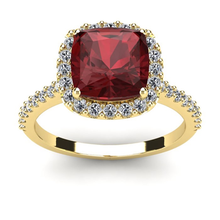 Garnet Ring: Garnet Jewelry: 3 3/4 Carat Cushion Cut Garnet and Halo Diamond Ring In 14K Yellow Gold
