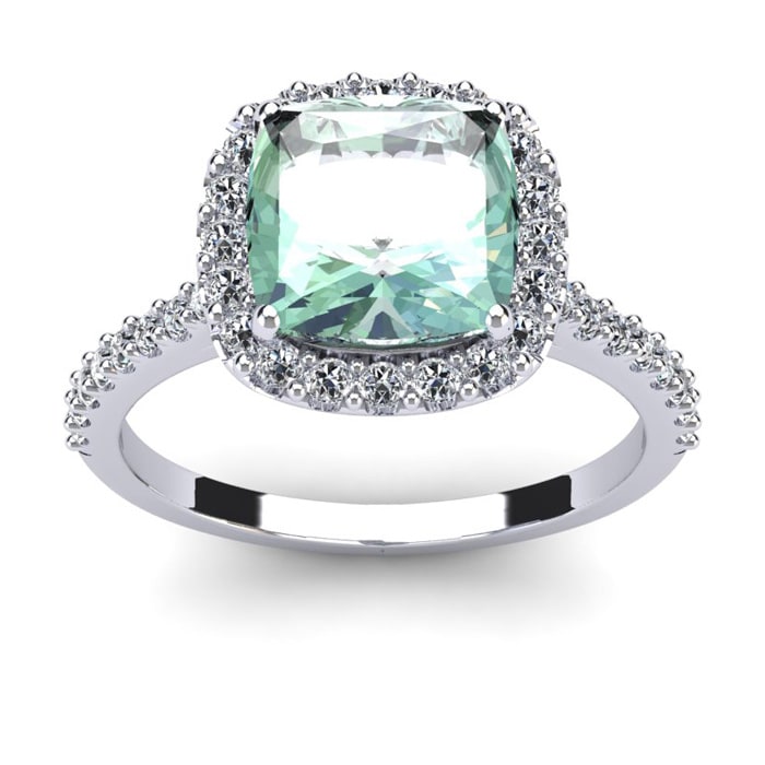 2 1/2 Carat Cushion Cut Green Amethyst and Halo Diamond Ring In 14K White Gold