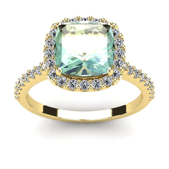 2 1/2 Carat Cushion Cut Green Amethyst and Halo Diamond Ring In 14K Yellow Gold