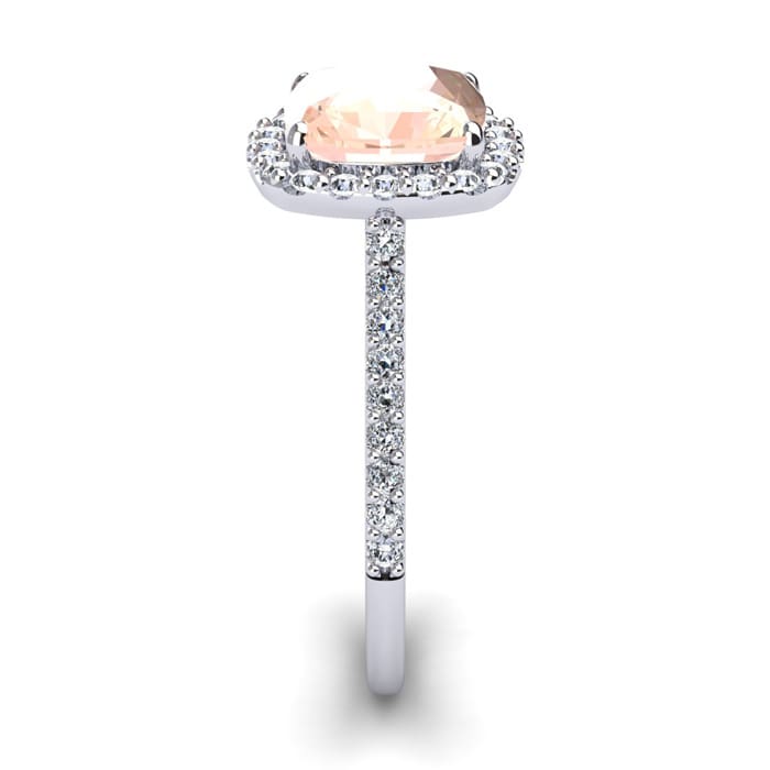 3-1/2 Carat Cushion Cut Morganite and Halo Diamond Ring In 14K White Gold