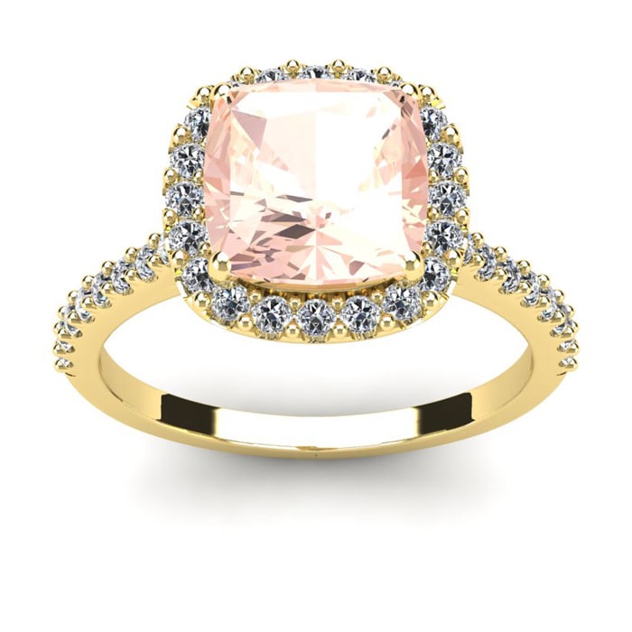 3-1/2 Carat Cushion Cut Morganite and Halo Diamond Ring In 14K Yellow Gold