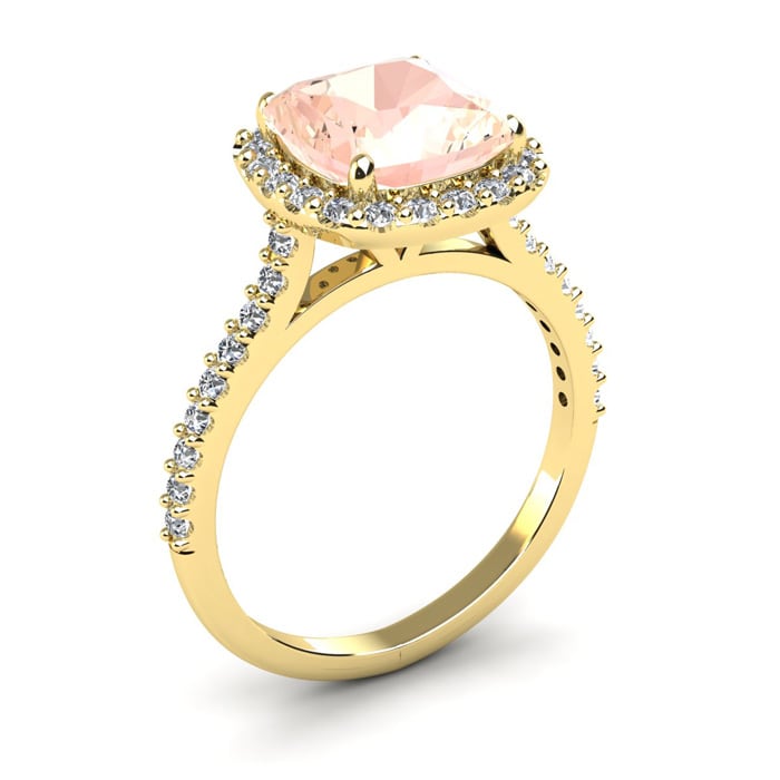 3-1/2 Carat Cushion Cut Morganite and Halo Diamond Ring In 14K Yellow Gold