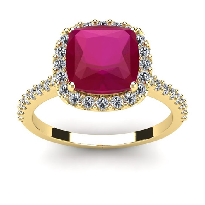 3 1/2 Carat Cushion Cut Ruby and Halo Diamond Ring In 14K Yellow Gold