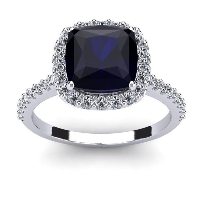 3 1/2 Carat Cushion Cut Sapphire and Halo Diamond Ring In 14K White Gold