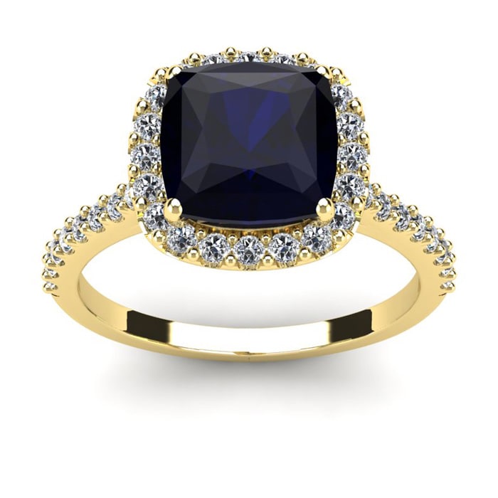 3 1/2 Carat Cushion Cut Sapphire and Halo Diamond Ring In 14K Yellow Gold