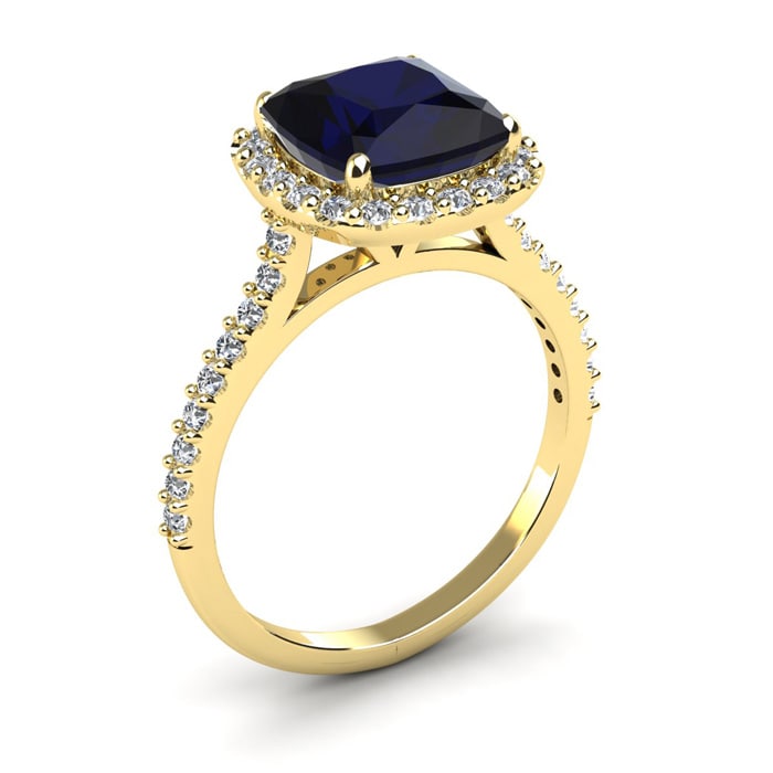 3 1/2 Carat Cushion Cut Sapphire and Halo Diamond Ring In 14K Yellow Gold