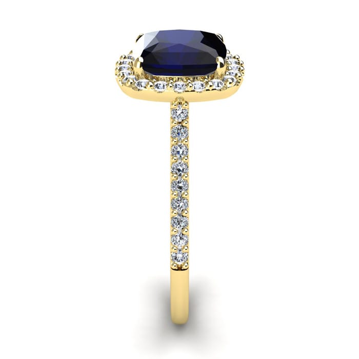 3 1/2 Carat Cushion Cut Sapphire and Halo Diamond Ring In 14K Yellow Gold