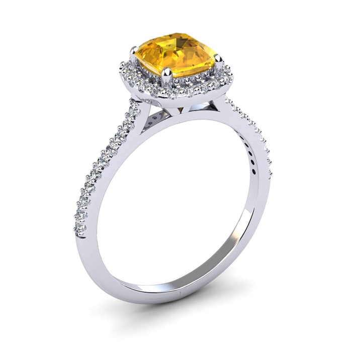 1 Carat Cushion Cut Citrine and Halo Diamond Ring In 14K White Gold
