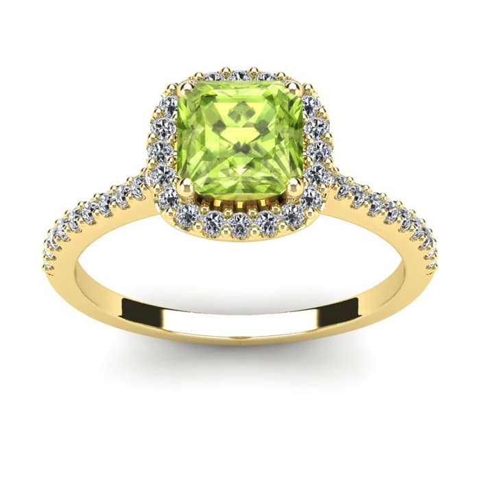 1 1/2 Carat Cushion Cut Peridot and Halo Diamond Ring In 14K Yellow Gold