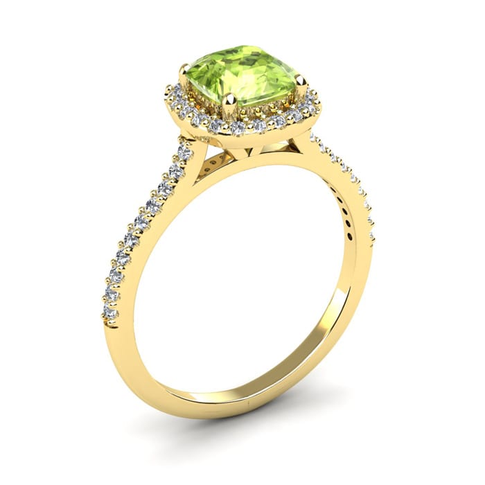 1 1/2 Carat Cushion Cut Peridot and Halo Diamond Ring In 14K Yellow Gold