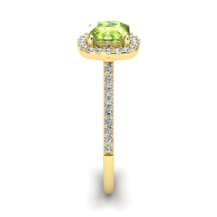 1 1/2 Carat Cushion Cut Peridot and Halo Diamond Ring In 14K Yellow Gold