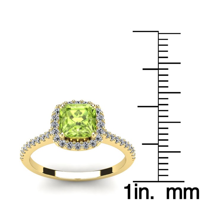 1 1/2 Carat Cushion Cut Peridot and Halo Diamond Ring In 14K Yellow Gold