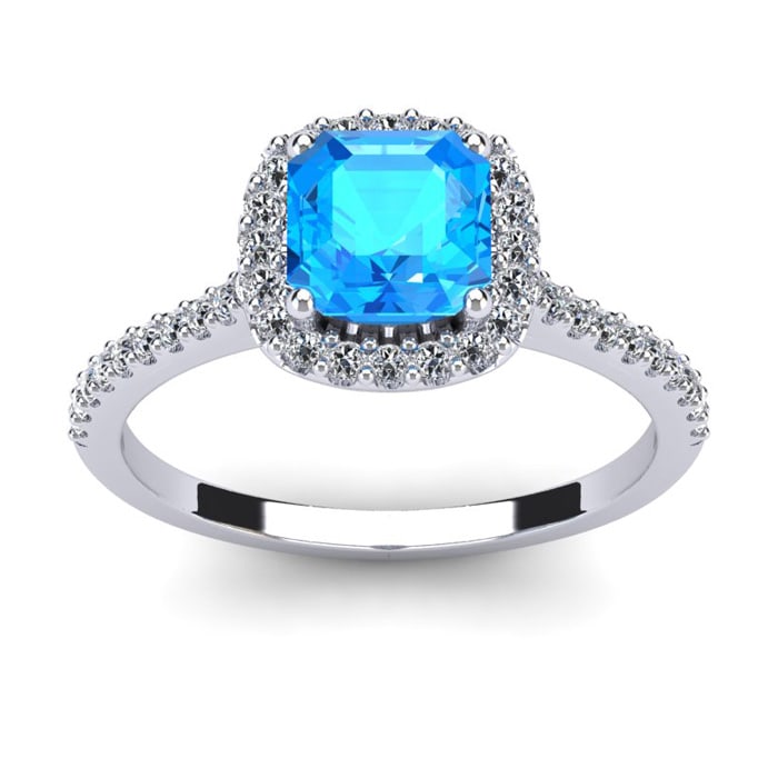 1 1/2 Carat Cushion Cut Blue Topaz and Halo Diamond Ring In 14K White Gold