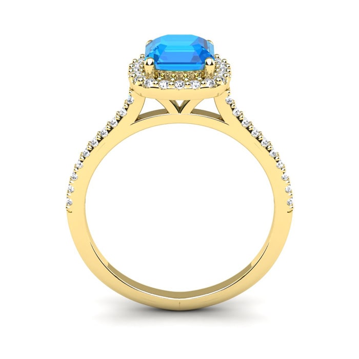 1 1/2 Carat Cushion Cut Blue Topaz and Halo Diamond Ring In 14K Yellow Gold