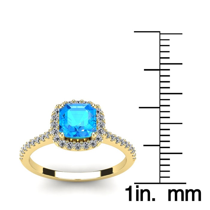 1 1/2 Carat Cushion Cut Blue Topaz and Halo Diamond Ring In 14K Yellow Gold