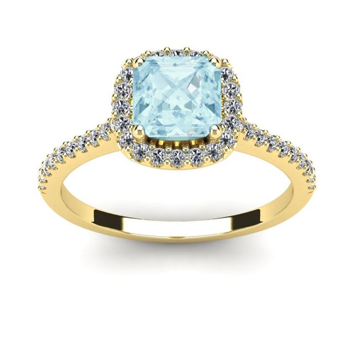 Aquamarine Ring: Aquamarine Jewelry: 1 Carat Cushion Cut Aquamarine and Halo Diamond Ring In 14K Yellow Gold