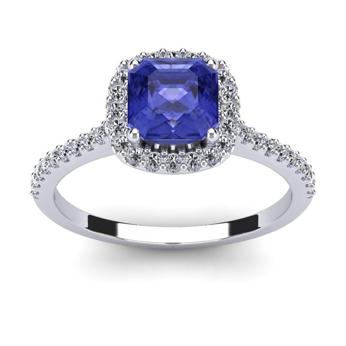 1 1/3 Carat Cushion Cut Tanzanite and Halo Diamond Ring In 14K White Gold