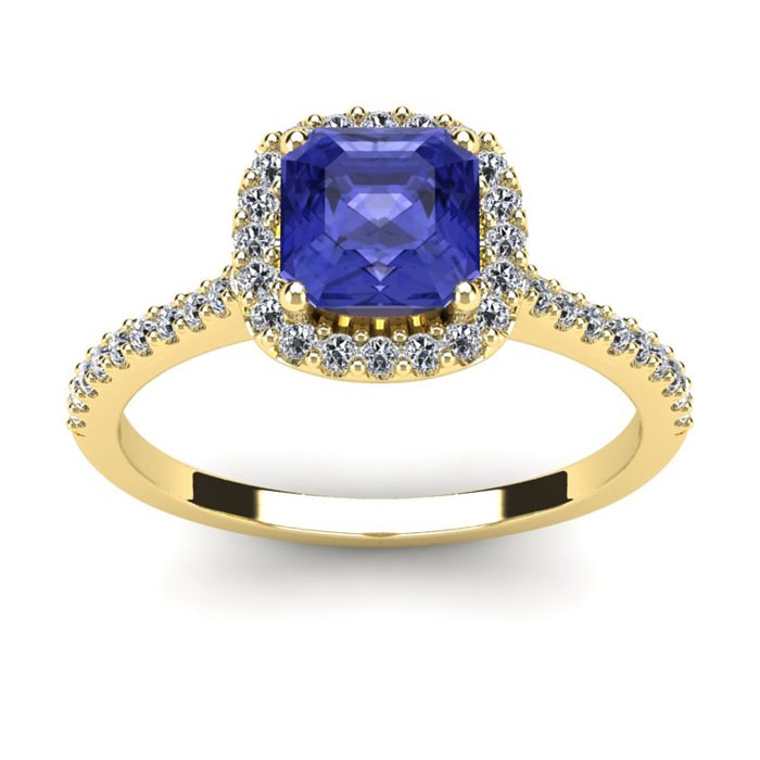 1 1/3 Carat Cushion Cut Tanzanite and Halo Diamond Ring In 14K Yellow Gold