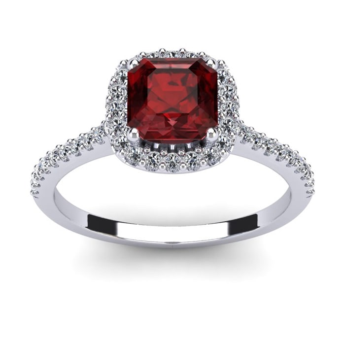 Garnet Ring: Garnet Jewelry: 1 1/2 Carat Cushion Cut Garnet and Halo Diamond Ring In 14K White Gold