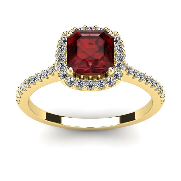 Garnet Ring: Garnet Jewelry: 1 1/2 Carat Cushion Cut Garnet and Halo Diamond Ring In 14K Yellow Gold