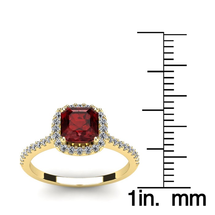 Garnet Ring: Garnet Jewelry: 1 1/2 Carat Cushion Cut Garnet and Halo Diamond Ring In 14K Yellow Gold