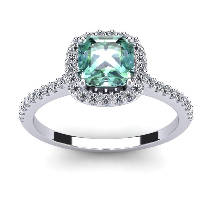 1 Carat Cushion Cut Green Amethyst and Halo Diamond Ring In 14K White Gold