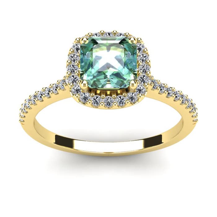1 Carat Cushion Cut Green Amethyst and Halo Diamond Ring In 14K Yellow Gold