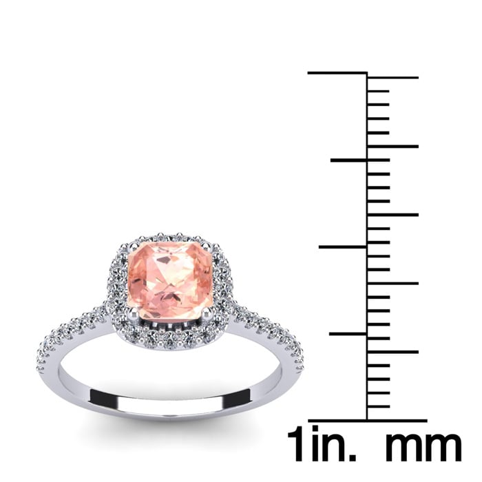 1-1/4 Carat Cushion Cut Morganite and Halo Diamond Ring In 14K White Gold