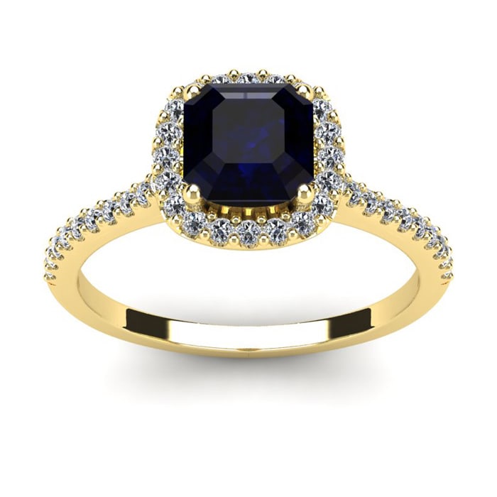 1 1/2 Carat Cushion Cut Sapphire and Halo Diamond Ring In 14K Yellow Gold