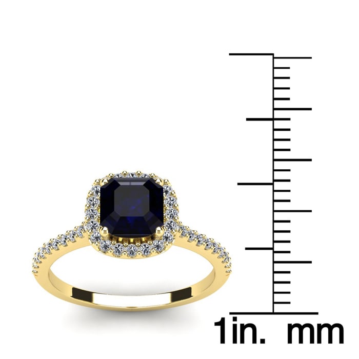 1 1/2 Carat Cushion Cut Sapphire and Halo Diamond Ring In 14K Yellow Gold